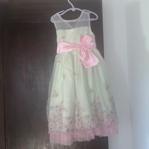 Special occasion dress with floral embroidery and bows